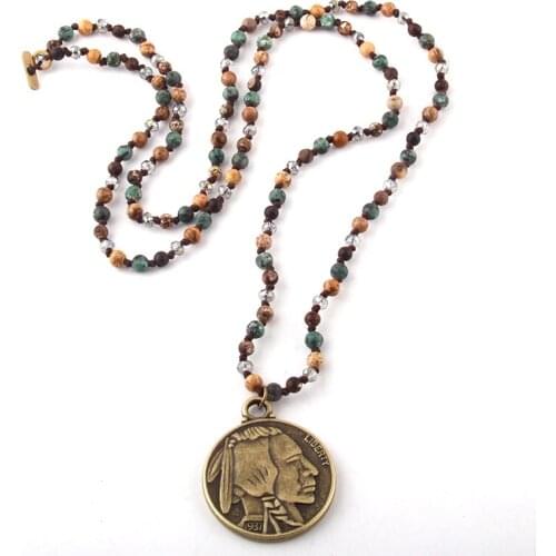 MOODPC Fashion Bohemian Tribal Jewelry 4mm Natural Stones Long Knotted Metal Disco Indian Pendant Necklaces