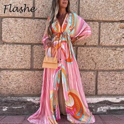Summer Maxi Dresses For Women V Neck Lace Up Bohemian Long Dress 2021 Spring Elegant Casual Split Up Party Vestido Female