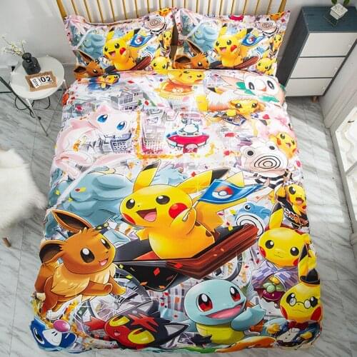 Pokemon three-piece bedding Pikachu digital printing household Bulbasaur bedding quilt cover*1 pillowcase*2Psyduck