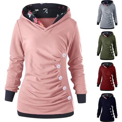 Plus Size Sweatshirts Women Casual Pullover Hooded Long-sleeve Button Sweatshirts Tops Sudaderas Con Capucha Moletom Feminino