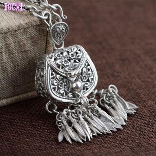 S925 Silver Vintage Thai Silver Craft Womens Sweater Chain Openable Lock Bag, Silver Set Chain + Pendant