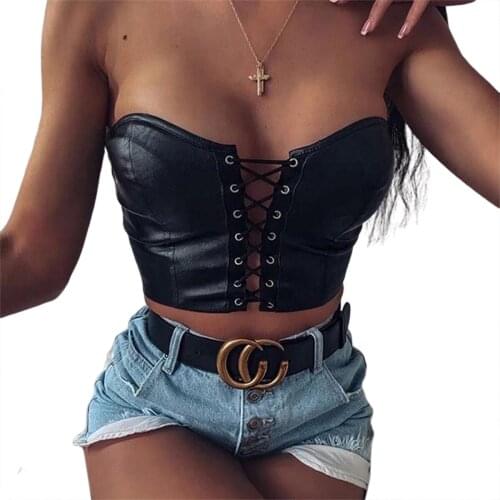 Sexy Womens PU Wrapped Blouse Hollow Out Bandage Slim Short Top Suitable For Fashion Street Shot (S / M / L)