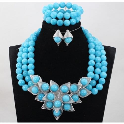 Blue Crystal Beads Jewelry Sets Multilayer Bohemian Statement Chunky Fashion Vintage Women Wedding Necklace Set WD994