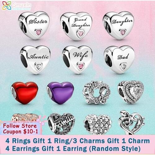 Smuxin 925 Sterling Silver Bead Granddaughter Sister Anntie Daughter Wife Dad Family Heart Charms fit Original Pandora Bracelets
