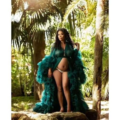 Dark Green Maternity Gown Luxury Ruffles Long Sleeves Wedding Sleepwear Bathrobes Nightgowns Tiered Robes Women Dress Kimono
