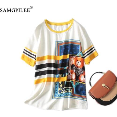 Korean Style Thin T-shirt 2021 Summer New Cute Cartoon Bear Pattern Fashion O Neck Loose Chiffon T Shirts Women Plus Size 4XL