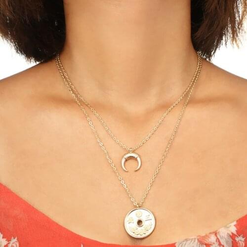 Vintage Double Layer Ox Horn Crescent Moon Coin Pendant Necklaces for Women Gold Chain Clavicle Necklace Jewelry Kolye YN49