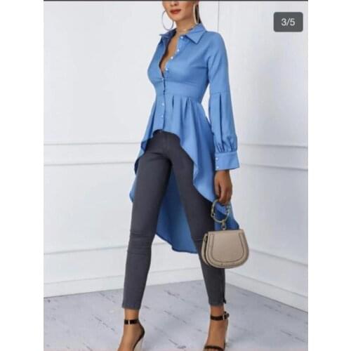 Mushroom Button Back Lengthened Design Shirt Sleeves Stitching Fashion Sexy Shirt Women Blue Plus Size Women