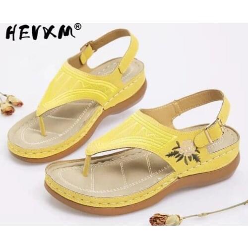 2021 Women Summer Beach Mid Heels Sandals Wedges Shoes Woman Vintage PU Leather Ethic Flowers Sandalias Mujer Sapato Feminino