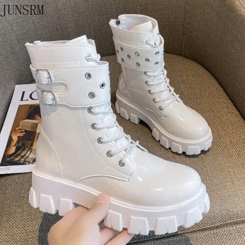 Women winter Boots Non-slip Lace Up Buckle PU Leather Shoes Plus Size Martin boots mujer Goth Boots Ankle Boots for Women