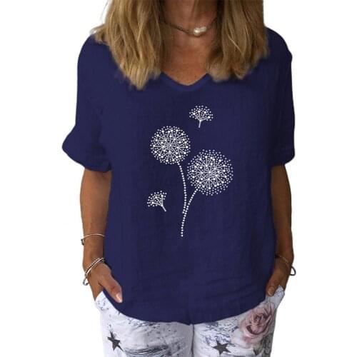 2021 Tops Women Casual V Neck Short Sleeve Dandelion Print Cotton Linen Top T-shirt Fashion Womens Clothing блузка женская