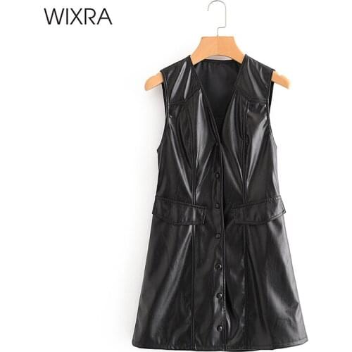 Wixra Womens Faux Leather Vest Jackets Single Button PU Coat V Neck Sleeveless Jacket High Street Autumn Spring