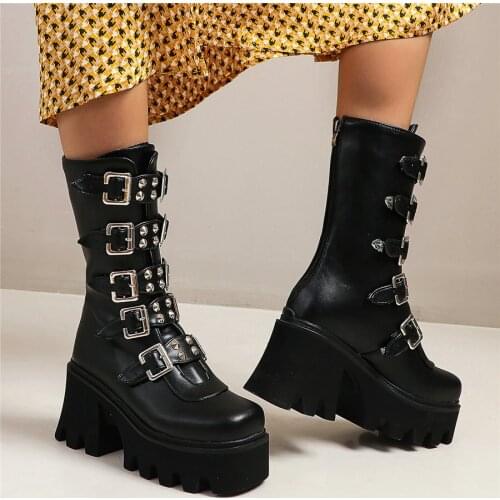 Winter Warm Punk Creepers Women Round Toe High Heel Motorcycle Boots Female High Top Chunky Platform Pumps Shoes Casual Shoes