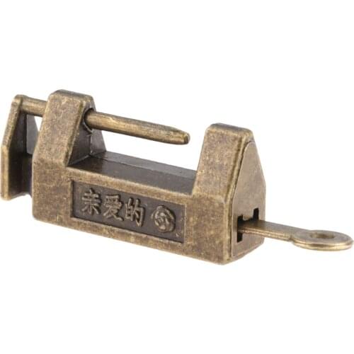 1Pc Antique Bronze Chinese Old Padlock Lock Vintage Lock Jewelry Wood Box Padlock Lock for Suitcase Drawer Cabinet w/Key 33x18mm