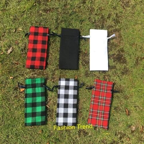 10pcs/lot Hot Selling Monogram Personalize Christmas Buffalo Plaid Wine Bottle Cover Ribbon Drawstring Bottle Holder Cover