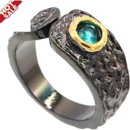 7x7mm Neo-Gothic Created Blue Aquamarine Rhodolite Garnet For Ladies Street Jewelry Cool Black Metal Silver Rings