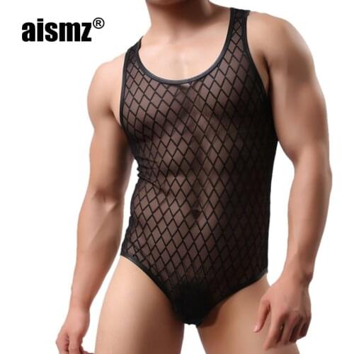 Aismz Body Shaper Man Slim Grid Breathable Sexy Transparent Body Shaper Men sleepwear bodysuit Talladora Hombre