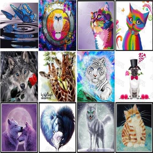 Diy Diamond Painting Nature Wild Animals Blue Butterflies Big Bad Wolf White Wolf White Tiger Pet Cat Color Oil Painting Mural