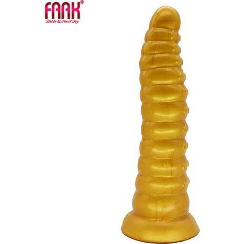 FAAK large anal plug curved golden silicone anal dildo with suction cup beads long sex toy for women g-spot stimulate masturbate