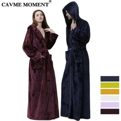 CAVME Plus Size Flannel Hooded Bathrobe for Couples Winter Kimono Robes Women Mens Flannel Robes Loungewear Night Dressing Gown