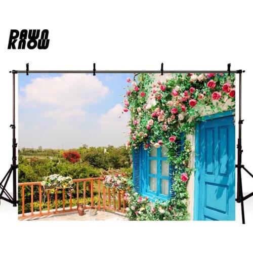 DAWNKNOW Flower Vine Photography Background Blue Door Photocall Wedding Photo Studio Children Photographic Backdrop lv1733