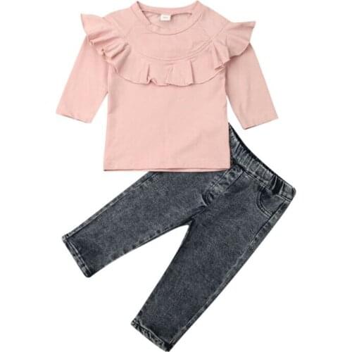 Kids Infant Baby Girls Spring Autumn long Sleeve Ruffles Solid Color Denim Trousers Bassic Classic Outfits Clothes Sets