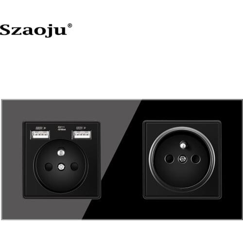 Szaoju French standard wall socket 16A crystal tempered glass panel socket Siamese power socket with USB charging AC110-250V