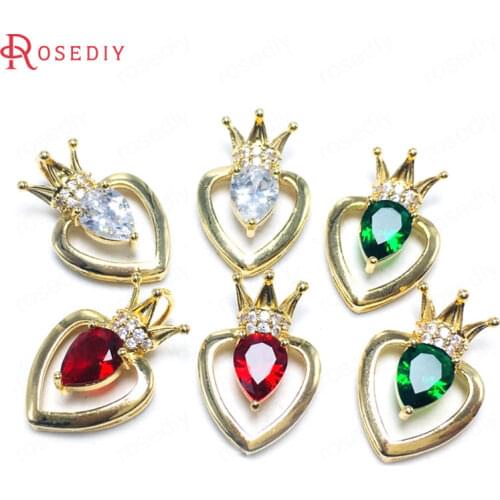 10PCS 14x21MM 24K Champagne Gold Color Brass and Zircon and Glass with Crown Heart Charms Pendants Diy Jewelry Making Supplies