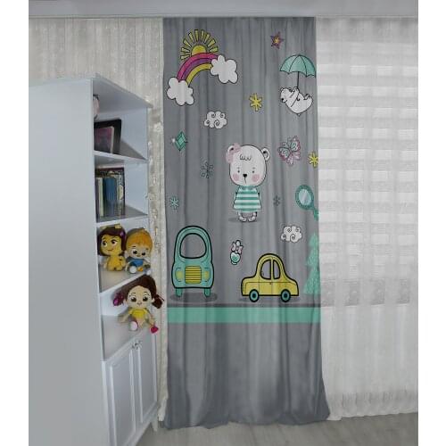 Gri çocuk odası perdesi araba,ayı,gökkuşağı,güneş,bulut,kelebek çocuk perdesi
