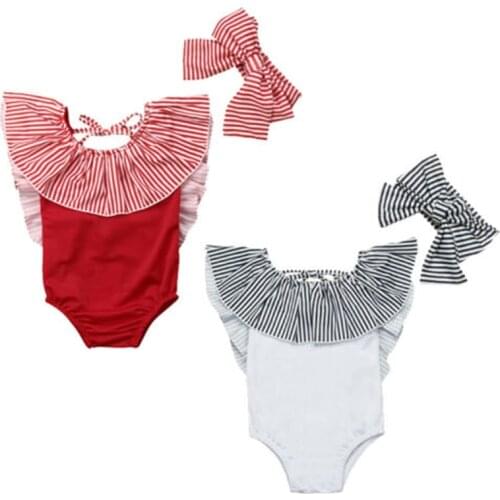 Toddler Baby Girl Sleeveless Backless Bathing Suit Outfits Swimsuit Sets 2Pcs Summer Bikini+Headband Striped Ruffles Swimwear