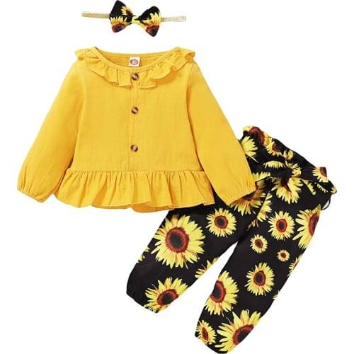 Pudcoco Autumn Toddler Kids Girls Lovely Clothes Sets Ruffles Long Sleeve Solid T-shirt Tops Floral Print Pants Headband 3pcs