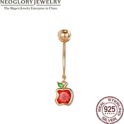 Neoglory S925 Zircon Red Apple Belly Button Ring For Women Body Piercing Gold Color Shining Cute Navel Jewelry 2021 New Hot Gift
