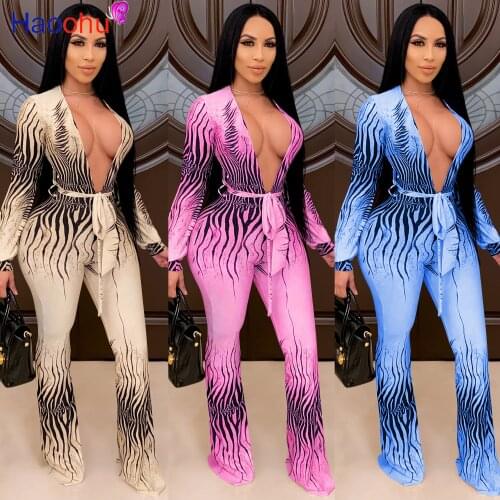 HAOOHU Print Bodycon Jumpsuit Long Sleeve Deep V Neck Women Fashion Clothes Streetwear Back Hollow One Piece Party Club Outfits