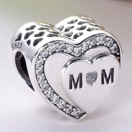 Original Openwork Love Heart Tribute to Mum Beads Fit 925 Sterling Silver Bead Charm Women Bracelet Bangle DIY Jewelry