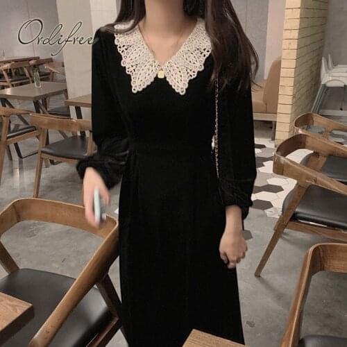 Ordifree 2021 Autumn Vintage Women Party Dress Long Sleeve White Lace Crochet Black Velvet Dress