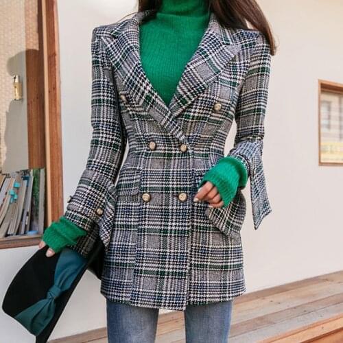 Autumn Women Elegant Long Sleeve Plaid Blazer Outerwear Woolen Suit Blazer Casual Double Breasted Pocket Suits Jackets Coat