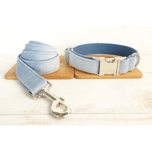 Personalized Sky Blue Velvet Dog Collar Leash With Bow Tie Set Nylon Free Engraved Nameplate For Small Medium Large Dogs