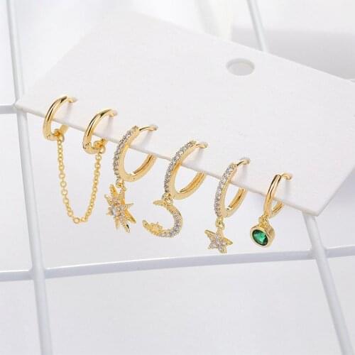 New Set Cute Star And Moon Small Hoop Earrings Sets Crystal Long Gold Chain Earrings For Women Fashion Jewelry Gift 2020 aretes