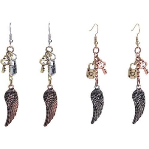 Vintage Steampunk Earring for Women Girl Personality Lock Angel Wing Chain Pendant Drop Earrings Retro Jewelry Accessoriesg Gift