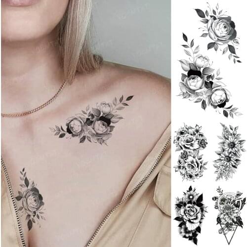 Waterproof Temporary Tattoo Sticker Rose Peony Flower Sexy Black Henna Neck Flash Tatto Woman Man Girl Sunflower Cool Fake Tatoo
