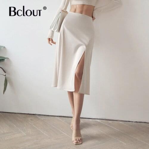 Bclout Satin Elegant Purple Split Skirt Women Summer Beige High Waist Basic Midi Pencil Skirts Streetwear 2021 Zipper Silk Lady