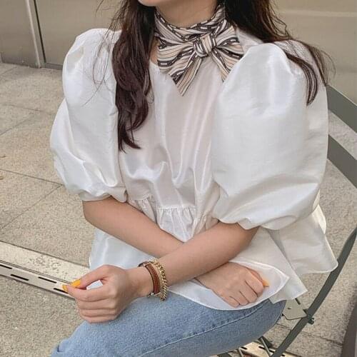 Short Puff Sleeve Blouse Women 2021 Summer Fashion Chic Pleated Patchwork O Neck Ladies Shirt Korean Sweet Loose Tops New 13551