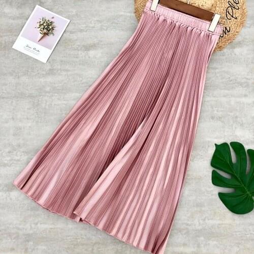 Summer Women Pleated Skirt Metallic Solid Color Long Skirt Green Midi High Waist A-line Saia Faldas Mujer Moda 2020