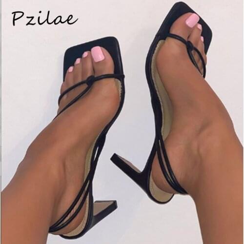 Pzilae 2020 fashion women sandals square toe high heels women slip-on sandals sexy ladies narrow band dress party shoes size 42