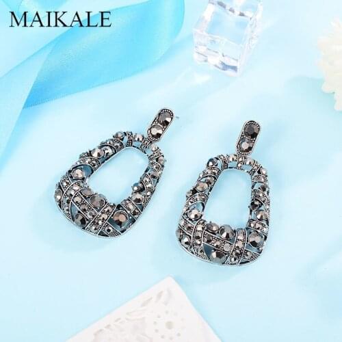 MAIKALE Exaggerated Big Square Alloy Drop Earrings for Women Black Rhinestone Hollow Vintage Dangle Earrings New Jewelry Gifts