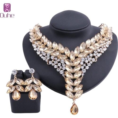 Women Champagne Crystal Wedding Bride Party Costume Accessories Bridal Necklace Earring Jewelry Sets