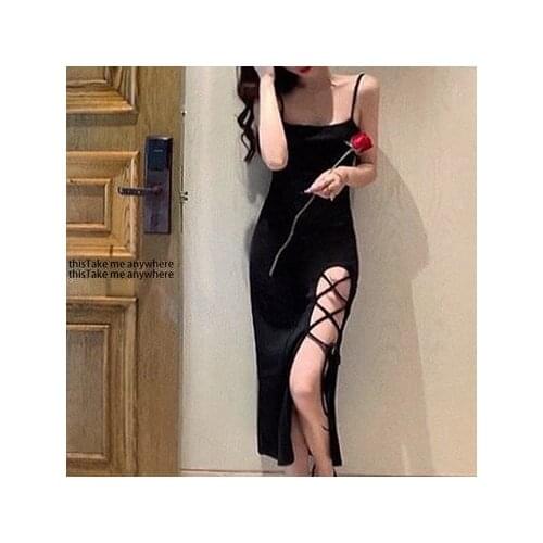Split suspender dress womens new summer 2021 irregular hot girl long dress black hip sexy dress vintage Spaghetti Strap