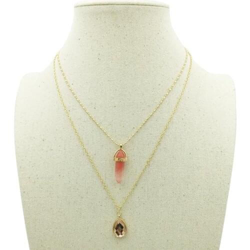 Bohemian Opal Pendant Necklaces Double Layer Chain Natural Crystal Stone Charm Necklace for Women Wholesale Summer Jewelry