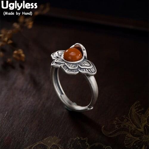 Uglyless Real 925 Sterling Silver Natural Orange Agate Women Ethnic Rings Nepal Vintage Patterns Handmade Ring Butterfly Bijoux