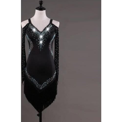 Off-shoulder Long Sleeve Latin Dance Dress Women Stage Sexy Latin Dance Fringe Dresses Professional Competition Dance Dress